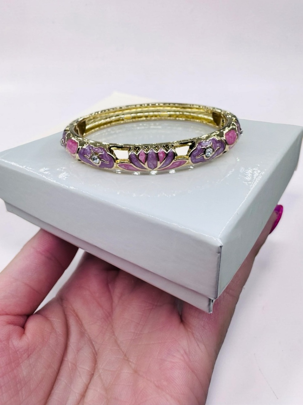 Pink & Purple Floral Enamel Gold Tone Hinged Bangle Bracelet Rhinestone Accent